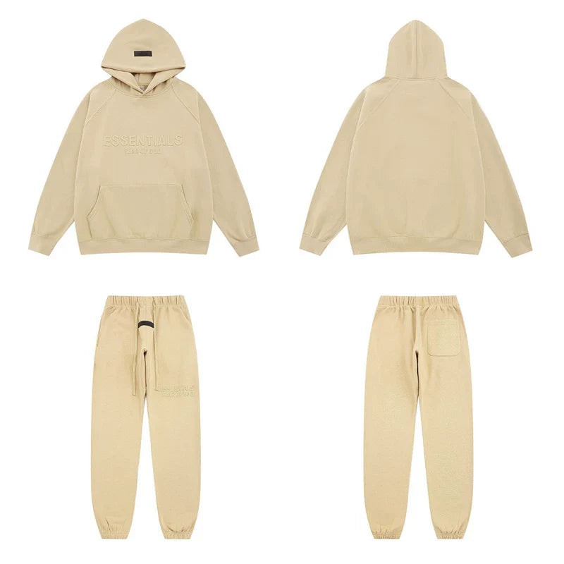 Fear Of God Essentials Tone‑on‑Tone Hoodie & Jogger Tracksuit Set Cream Beige