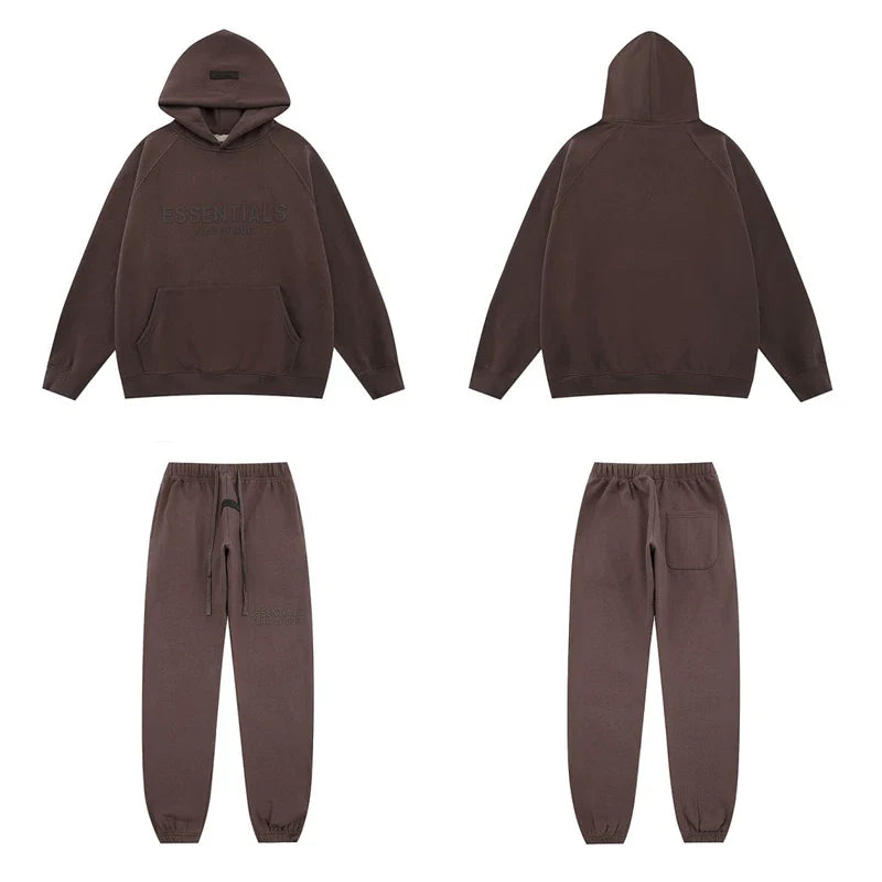 Fear Of God Essentials Tone‑on‑Tone Hoodie & Jogger Tracksuit Set Dark Brown