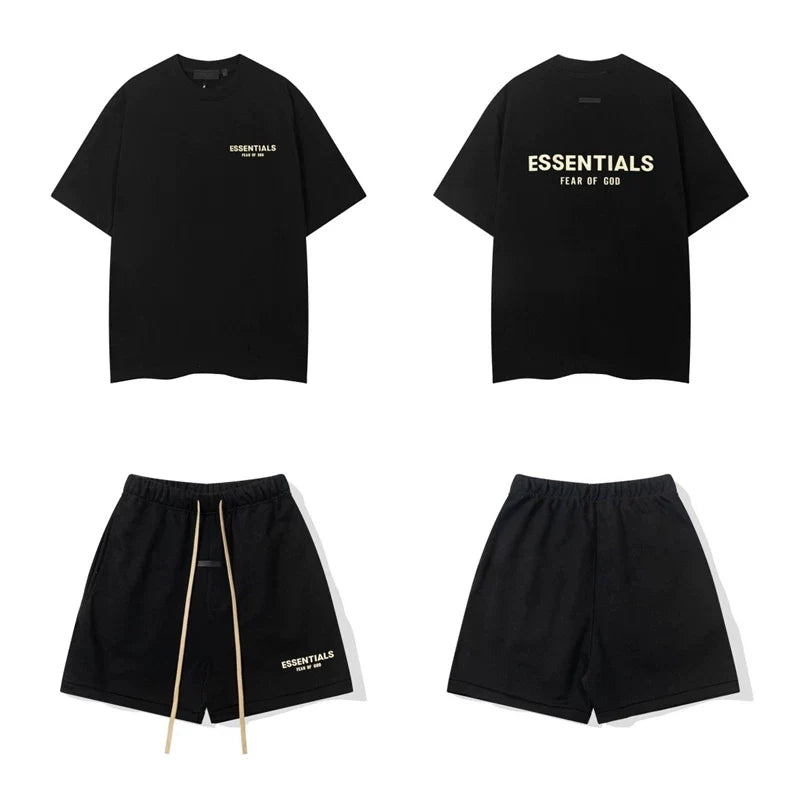 Fear Of God Essentials Gold Logo T‑Shirt Fleece Shorts Summer Set Black