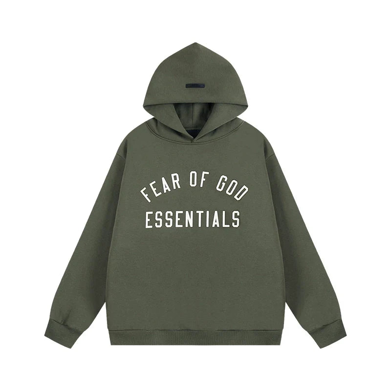 Fear Of God Essentials Vintage Letter Print Pullover Hoodie Olive Green
