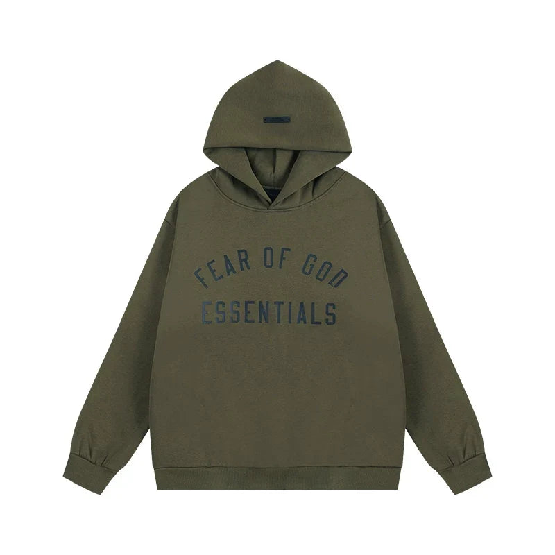 Fear Of God Essentials Vintage Letter Print Pullover Hoodie Dark Olive